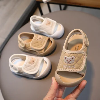 0-4 Tahun Sepatu Anak Musim Panas Sepatu Pantai Sol Lembut Anak Laki-laki Sandal Bayi Kanvas Beruang Kecil untuk Anak Perempuan Slide Balita Kotak-kotak G03252