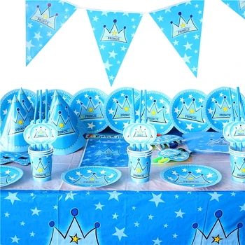 1 Buah 108*180cm Tema Mahkota Pangeran Biru Pesta Ulang Tahun Anak Penutup Meja Kertas Set Peralatan Makan Pesta Keluarga Persediaan Taplak Meja Pernikahan