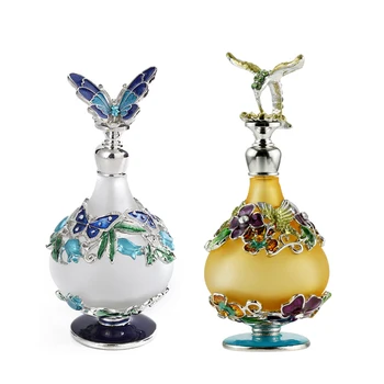 1 buah Botol Parfum Antik Dekorasi Enamel Logam Wadah Kaca Buram Topi Burung/Kupu-kupu Kreatif Hadiah Minyak Esensial Isi Ulang