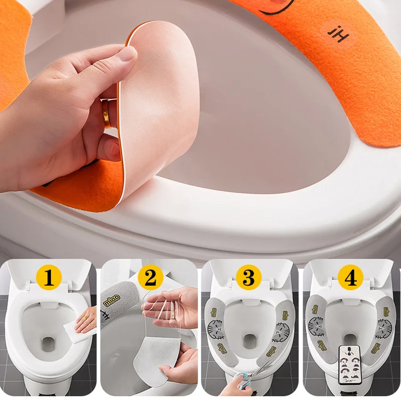 1 Pasang Baru Pasta Toilet Seat Cover Kartun Mudah Dicuci Kamar Mandi Toilet Seat Pad Lucu Dapat Digunakan Kembali Lembut Tebal Lengket Closestool Kursi Mat - 4
