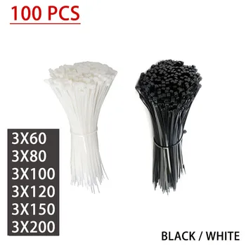 100 Buah Pengikat kabel nilon Plastik Pengunci Otomatis cincin pengikat pengikat kabel hitam / putih 3x60~200 Set pengikat kabel pengikat kabel industri