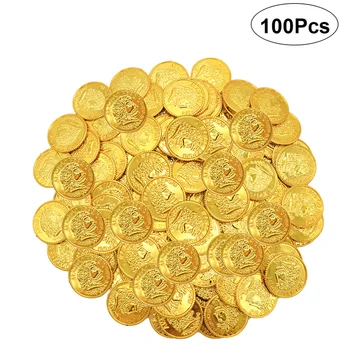 100 pcs Bajak Laut Koin Emas Plastik Koin Emas Alat Peraga Permainan Alat Ekstra Lucu Bermain Mainan untuk Anak-anak (Emas)
