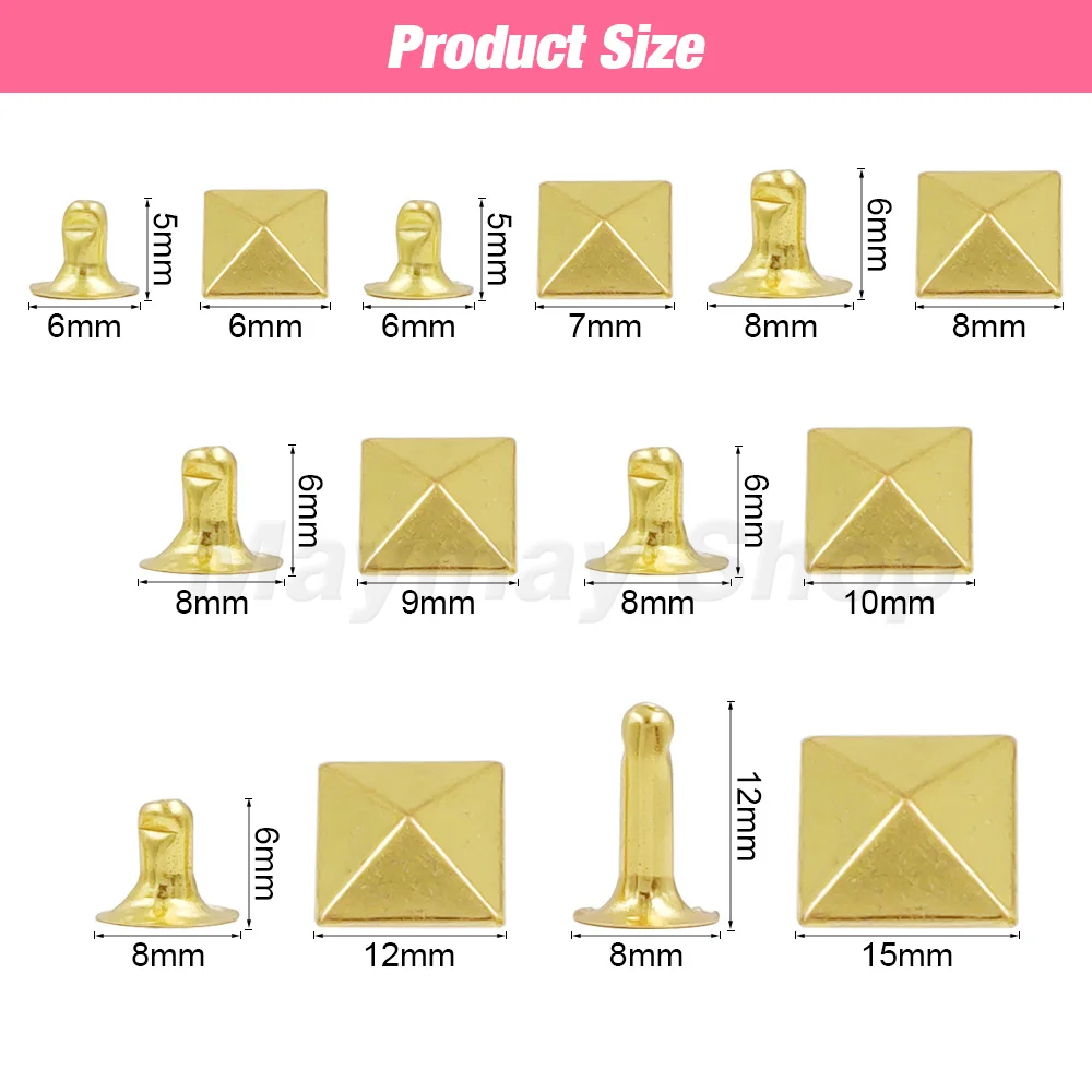 100 set Paku Keling Topi Piramida Logam 6-12mm Paku Keling Persegi untuk Sabuk Tas Kerajinan Kulit Aksesori Sepatu Pakaian Garmen - 1