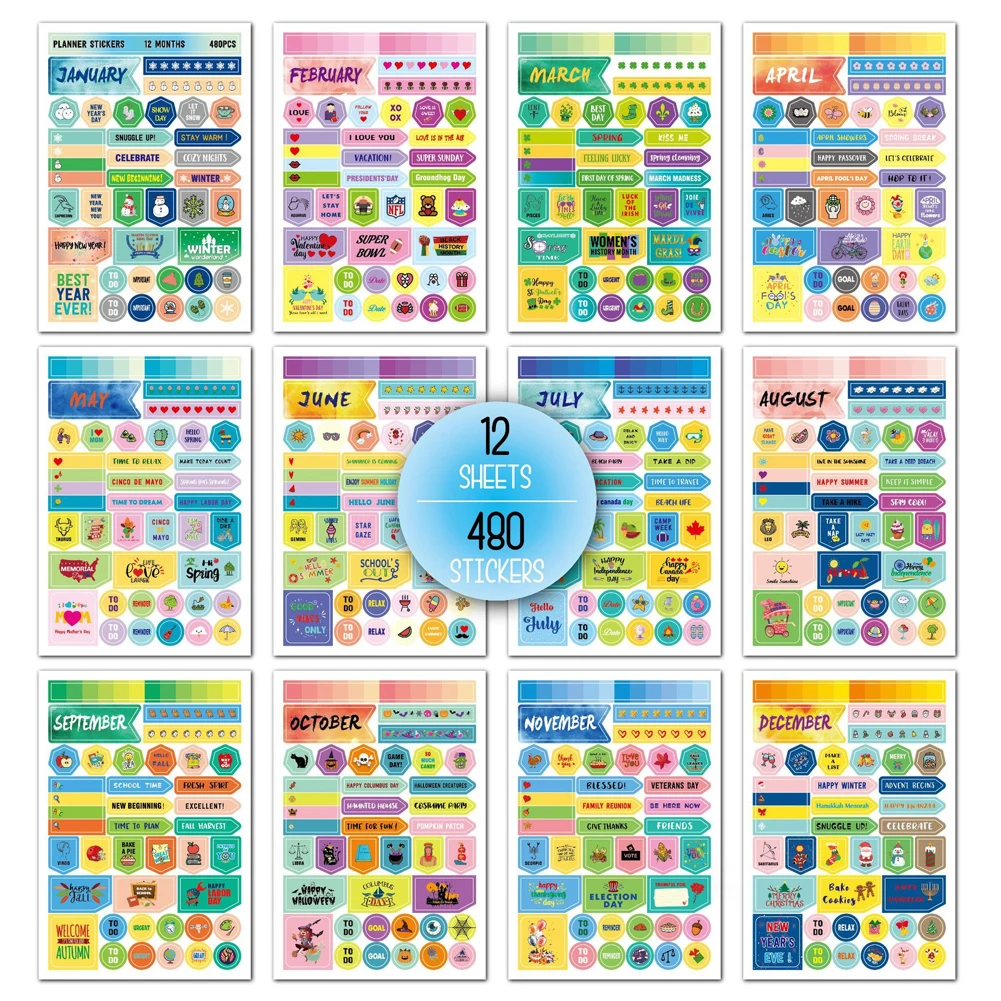 12 lembar Stiker Indeks Perencana Bulanan Lucu Kertas Penanda Tag Label Kategori Berperekat untuk Stiker Perencana Agenda Buku Harian - 3
