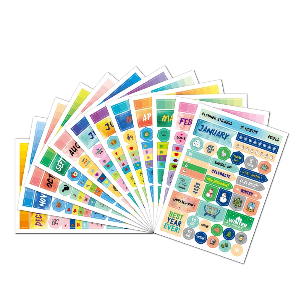 12 lembar Stiker Indeks Perencana Bulanan Lucu Kertas Penanda Tag Label Kategori Berperekat untuk Stiker Perencana Agenda Buku Harian - 4