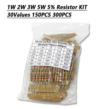 150 Buah 300 Buah Kit Resistor 1W 2W 3W 5W 5% 30 Jenis X 10 Buah Ketahanan Film Karbon Set 0,1-750 ohm 1k-820K 30 Jenis X 5 Buah