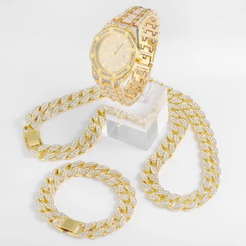 15MM 3 Buah KIT Jam Tangan Warna Perak Hip Hop+Kalung+Gelang Bling Crystal AAA+ Rantai Berlian Imitasi Kuba Es untuk Perhiasan Pria