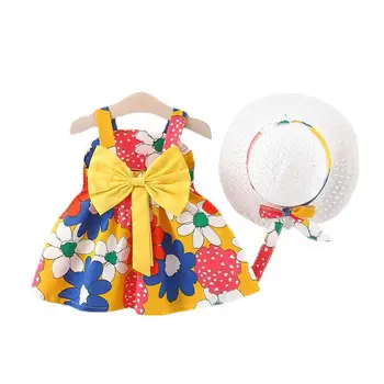 2 buah Gaun Bayi Tanpa Lengan Musim Panas Gaun Balita Bunga Busur+Gaun Putri Pantai Sunhat Pakaian Anak Perempuan Baru Lahir