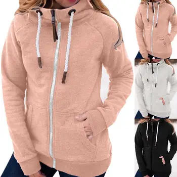 2020 Wanita Warna Solid Hoodies Saku Ritsleting Sweatshirt Lengan Panjang Hangat Lembut Mantel Pakaian Wanita женская куртка