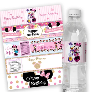 24 buah Label Botol Air Disney Minnie Mouse Dekorasi Baby Shower Stiker Botol Mineral Perlengkapan Dekorasi Pesta Ulang Tahun Anak-anak