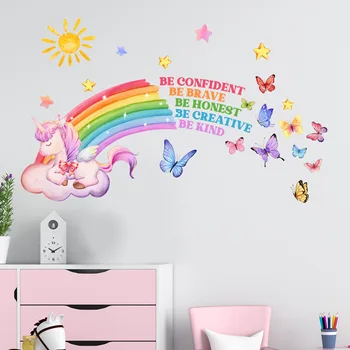 25*70 cm Bahasa Inggris Rainbow Unicorn Bintang Kartun Stiker Dinding Latar Belakang Dinding Ruang Tamu Kamar Tidur Dekoratif Stiker Dinding Ms6239