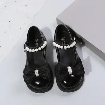 26-37 Busur Anak-anak Sepatu Kulit Fashion Kulit Paten Sepatu Datar Anak Perempuan Hitam Krem Sekolah Mutiara Anak-anak Putri Mary Janes Sepatu