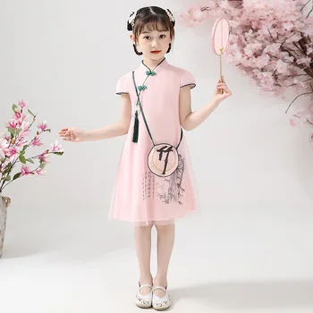 3 - 16Y Gaya Cina Gaun Malam Anak-anak Gaun Pesta Pernikahan Cheongsam Qipao Hadiah untuk Anak Perempuan Gaun Putri Lengan Pendek