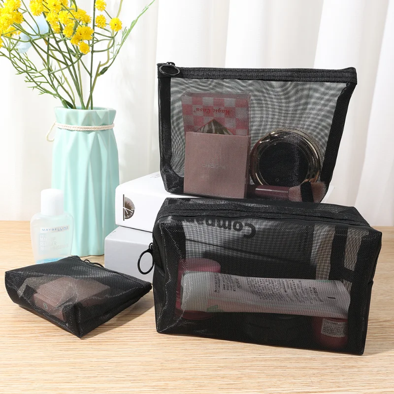 3 ukuran Tas Makeup Hitam Organizer Tas Kosmetik Transparan Jaring Besar Kecil untuk Tempat Pensil Penyimpanan Kosmetik Kantong Neceser - 1