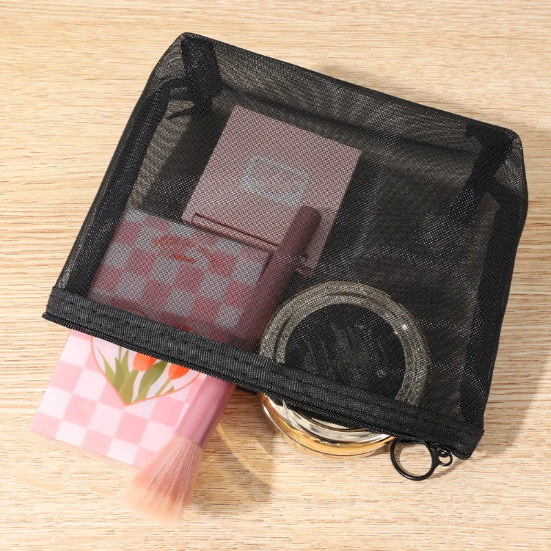 3 ukuran Tas Makeup Hitam Organizer Tas Kosmetik Transparan Jaring Besar Kecil untuk Tempat Pensil Penyimpanan Kosmetik Kantong Neceser - 4