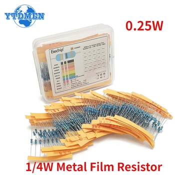 300-600 Buah Kit Resistor Film Logam 1/4W Resistansi 10 Ohm ~1M 1R-10M Set Resistor 1% 0,25 w