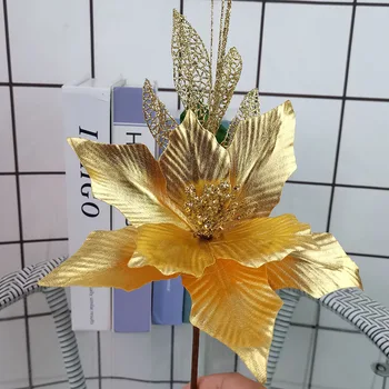 35 cm Bunga Natal untuk Pohon Natal Dekorasi Ornamen Emas Bubuk Bunga Buatan Rumah Mall Display