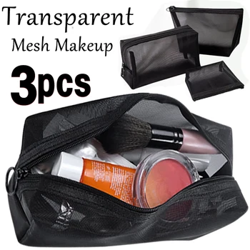 3pcs Transparan Mesh Makeup Case Organizer Kantong Penyimpanan Kasual Zipper Perlengkapan Mandi Mencuci Tas Make Up Wanita Perjalanan Tas Kosmetik