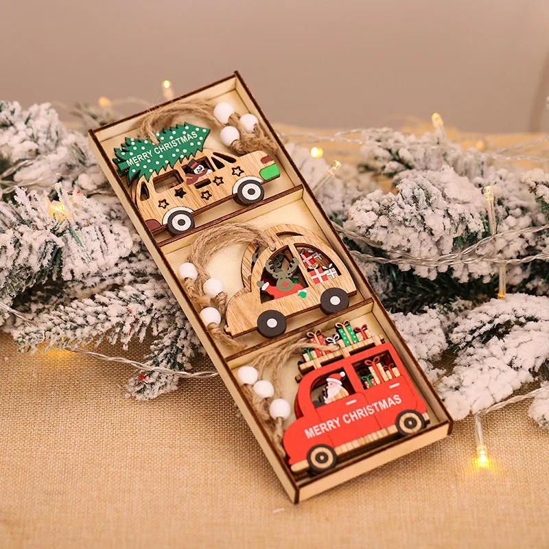 9 buah / Kotak Liontin Kayu Mobil Natal Hiasan Gantung Pohon Natal Dekorasi Natal untuk Rumah Anak-anak Hadiah Noel Navidad Dekorasi - 1
