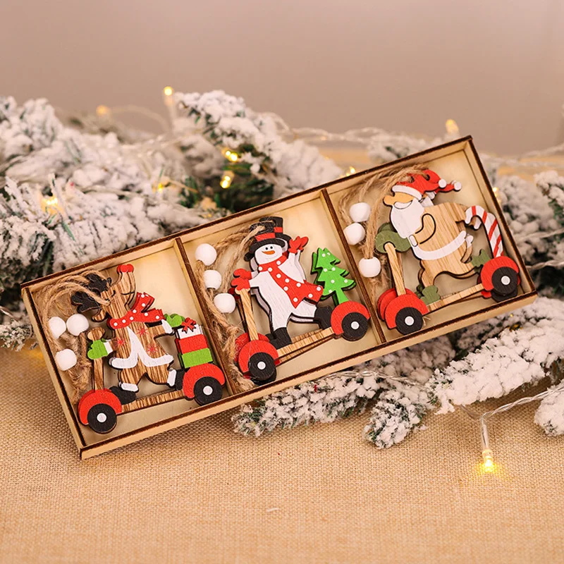 9 buah / Kotak Liontin Kayu Mobil Natal Hiasan Gantung Pohon Natal Dekorasi Natal untuk Rumah Anak-anak Hadiah Noel Navidad Dekorasi - 2