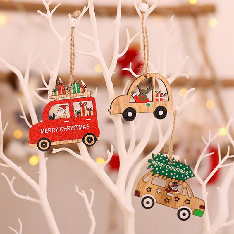9 buah / Kotak Liontin Kayu Mobil Natal Hiasan Gantung Pohon Natal Dekorasi Natal untuk Rumah Anak-anak Hadiah Noel Navidad Dekorasi - 5