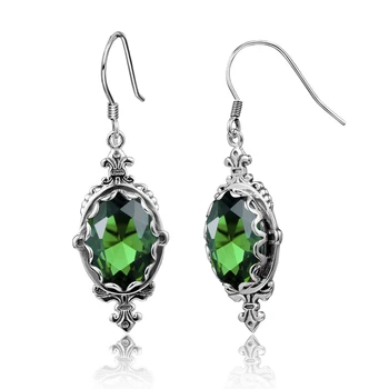 925 Sterling Silver Anting-Anting untuk Wanita Hijau Emerald Anting-Anting Batu Permata Oval Antik Pernikahan Pertunangan Fashion Perhiasan