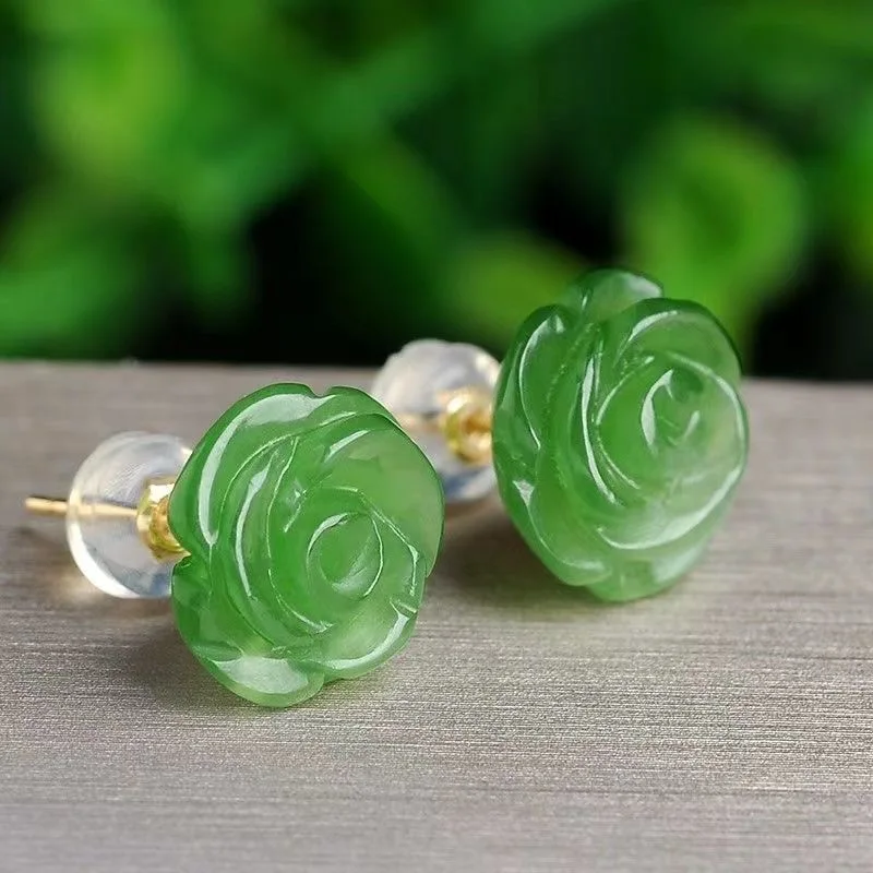 925 Perak Alami Hijau Jade Rose Anting-Anting Manik Pesona Perhiasan Fashion Aksesoris Ukiran Tangan Pria Wanita Amulet Hadiah - 0