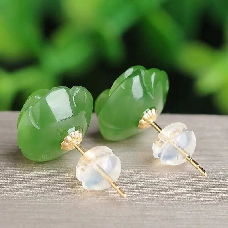 925 Perak Alami Hijau Jade Rose Anting-Anting Manik Pesona Perhiasan Fashion Aksesoris Ukiran Tangan Pria Wanita Amulet Hadiah - 1