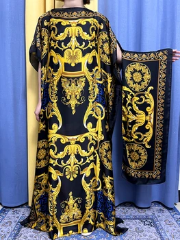 Abaya untuk Wanita Jubah Femme Longgar Lembut Sutra Cetak 2023 Pakaian Mode Musim Panas Muslim Gaun Wanita Islam Afrika dengan Sorban