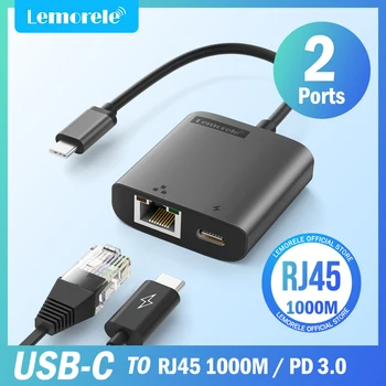 Adaptor RJ45 Gigabit USB-C Lemorele Dengan Hub Passthrough PD 3.0 Kecepatan Ethernet Gigabit USB C RJ45 untuk Laptop