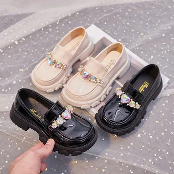 Ainyfu Sepatu Kulit Anak-anak Musim Gugur Sepatu Pernikahan Kristal Anak Perempuan Sepatu Tunggal Sepatu Hak Rendah Anak-anak Sepatu Putri Hitam Krem H185