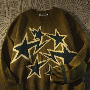 American Retro High Street Star Sweater Pria Wanita Musim Dingin Baru Longgar Versi Korea dari Jaket Rajutan Angin Malas Atasan Pullover