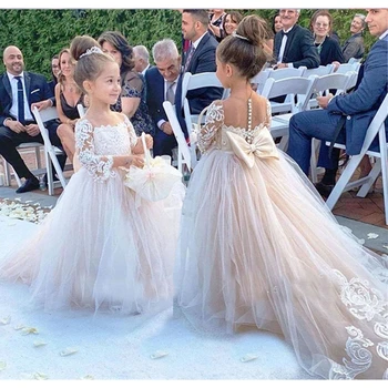 Anak-anak Cantik Gaun Gadis Bunga untuk Pernikahan Gaun Pesta Lengan Panjang Gaun Pengiring Pengantin Putih Gaun Gadis Pesta Pernikahan Gaun Gadis Bunga