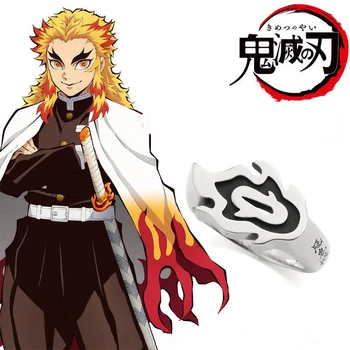 Anime Demon Slayer Rengoku Kyoujurou Cosplay Paduan Alat Peraga Perhiasan Aksesori Yang Dapat Disesuaikan untuk Pria Wanita Hadiah Cincin Logam