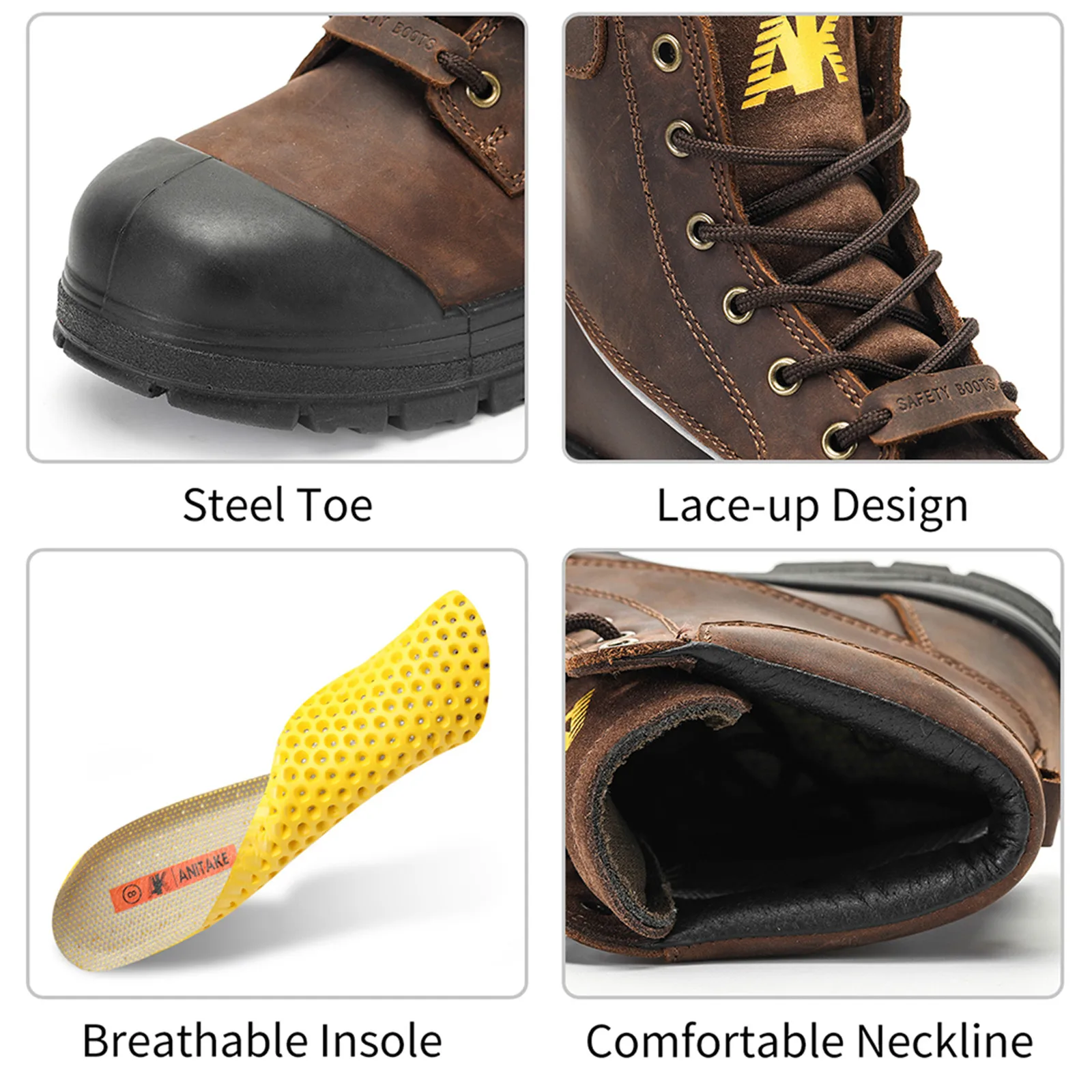 ANITAKE 2102 Steel Toe Work Boots untuk Pria, 6 Inci, Kulit Gandum Penuh, Insulasi Listrik, Anti Selip, Tahan Benturan - 4