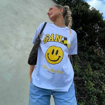 Atasan Lengan Pendek Putih Kebesaran Wanita Retro Amerika Kaus Estetika Kasual Katun Lengan Pendek Kaus Wajah Tersenyum tahun 80-an 90-an