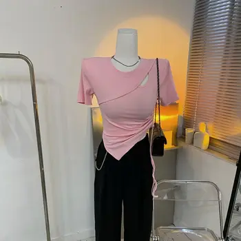 BEENLE Kaus Lengan Pendek Ramping Serut Berongga Mode Korea untuk Wanita Kaus Bawahan Skinny Solid Kaus Musim Semi Kaus
