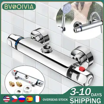BVSOIVIA Keran Shower Termostatik Krom Kuningan Kamar Mandi Nilai Mixer Keran Shower Bak Mandi Keran Terpasang di Dinding Dingin dan Panas