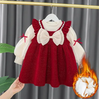 Balita Bayi Perempuan Gaun Musim Gugur Musim Dingin Anak-anak Merah Natal Tahun Baru Plush Hangat Gaun Bayi Pakaian Set Top+Rok untuk 1-4 Tahun