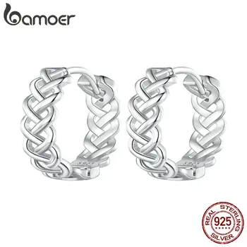 Bamoer 925 Sterling Silver Berlubang-Out Pola Telinga Gesper Menjalin Memutar Anting-Anting Hoop untuk Wanita Fashion Perhiasan