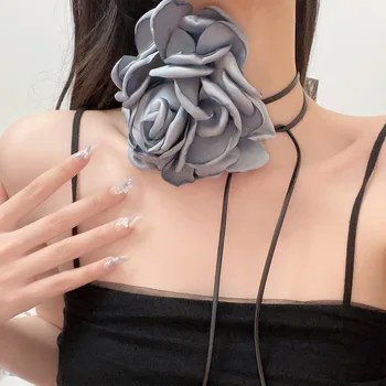 Baru Bunga Di Leher Dekorasi Rose Kalung Kalung untuk Wanita Panjang Renda Tali Rantai Kalung Y2K Aksesoris Perhiasan Romantis