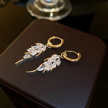 Baru Fashion Fine 14K Anting-Anting Drop Daun Zirkon Berlapis Emas Asli untuk Wanita Perhiasan Temperamen AAA Hadiah Jenis Gesper Zirkon AAA
