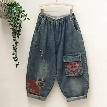 Baru Kedatangan Gaya Seni Musim Semi Musim Gugur Wanita Vintage Bordir Saku Longgar Jeans Pinggang Elastis Katun Denim Celana Harem C721