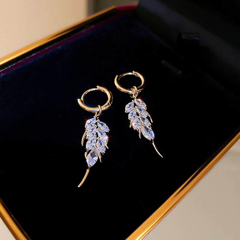 Baru Fashion Fine 14K Anting-Anting Drop Daun Zirkon Berlapis Emas Asli untuk Wanita Perhiasan Temperamen AAA Hadiah Jenis Gesper Zirkon AAA - 3