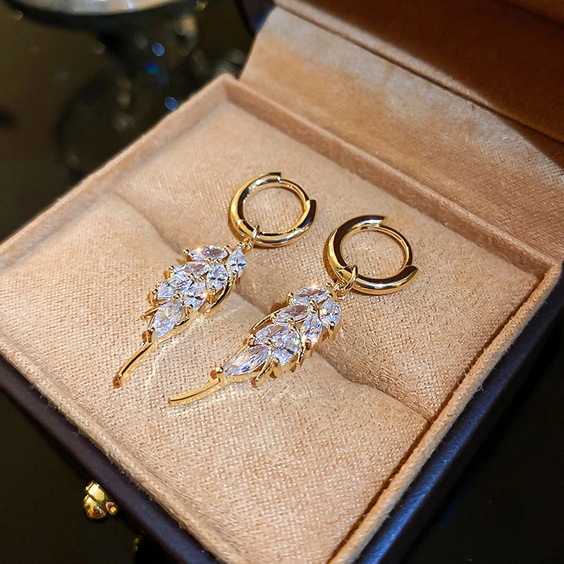 Baru Fashion Fine 14K Anting-Anting Drop Daun Zirkon Berlapis Emas Asli untuk Wanita Perhiasan Temperamen AAA Hadiah Jenis Gesper Zirkon AAA - 4
