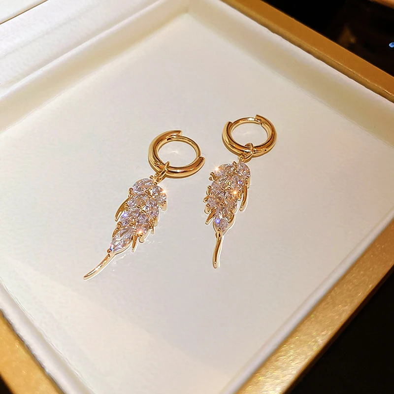 Baru Fashion Fine 14K Anting-Anting Drop Daun Zirkon Berlapis Emas Asli untuk Wanita Perhiasan Temperamen AAA Hadiah Jenis Gesper Zirkon AAA - 5