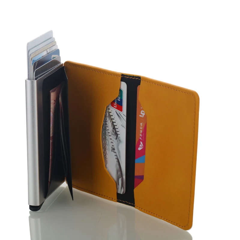 Baru RFID Blocking Vintage Kulit Pemegang Kartu Kredit Pria Aluminium Bisnis ID Card Case Otomatis Pria Logam Pemegang Kartu Dompet - 3