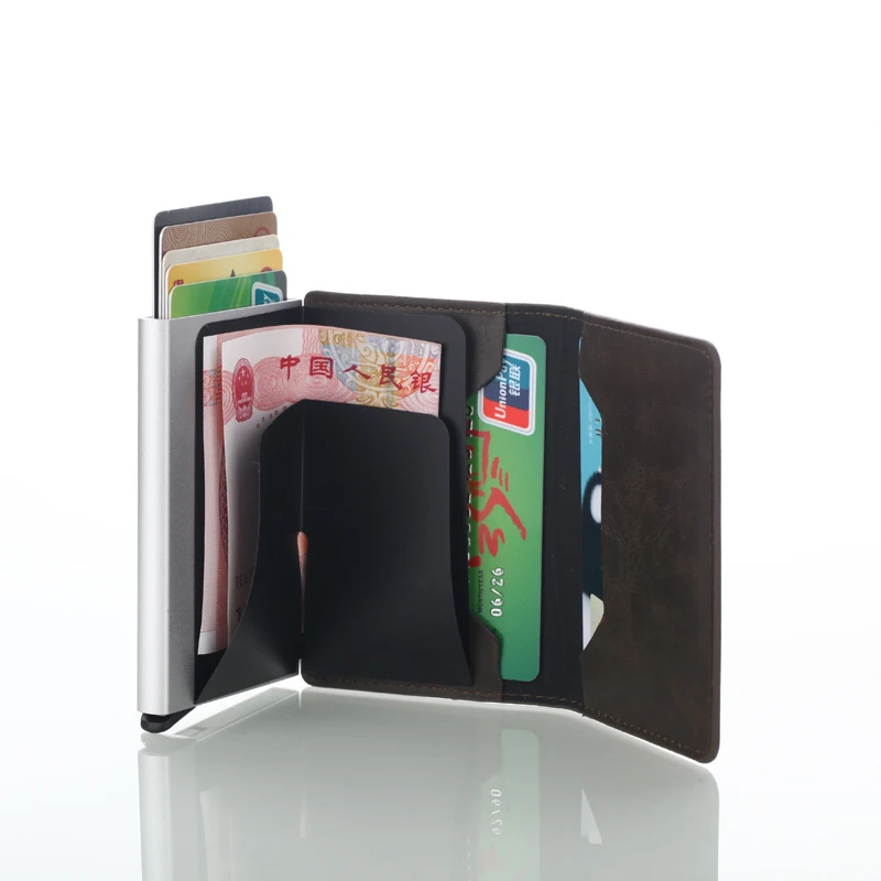 Baru RFID Blocking Vintage Kulit Pemegang Kartu Kredit Pria Aluminium Bisnis ID Card Case Otomatis Pria Logam Pemegang Kartu Dompet - 4