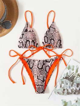 Bikini Reversibel Motif Ular Seksi 2023 Baju Renang Perban Berenda Oranye Wanita Setelan Mandi Musim Panas Pakaian Renang Segitiga Sisi Dasi