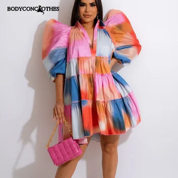 Bodyconclothes Gaun Lengan Pendek Puff Wanita Elegan Gaun Longgar Ayunan Besar Yang Apik Musim Panas Gaun Malam Turn-down Vestidos untuk 2022